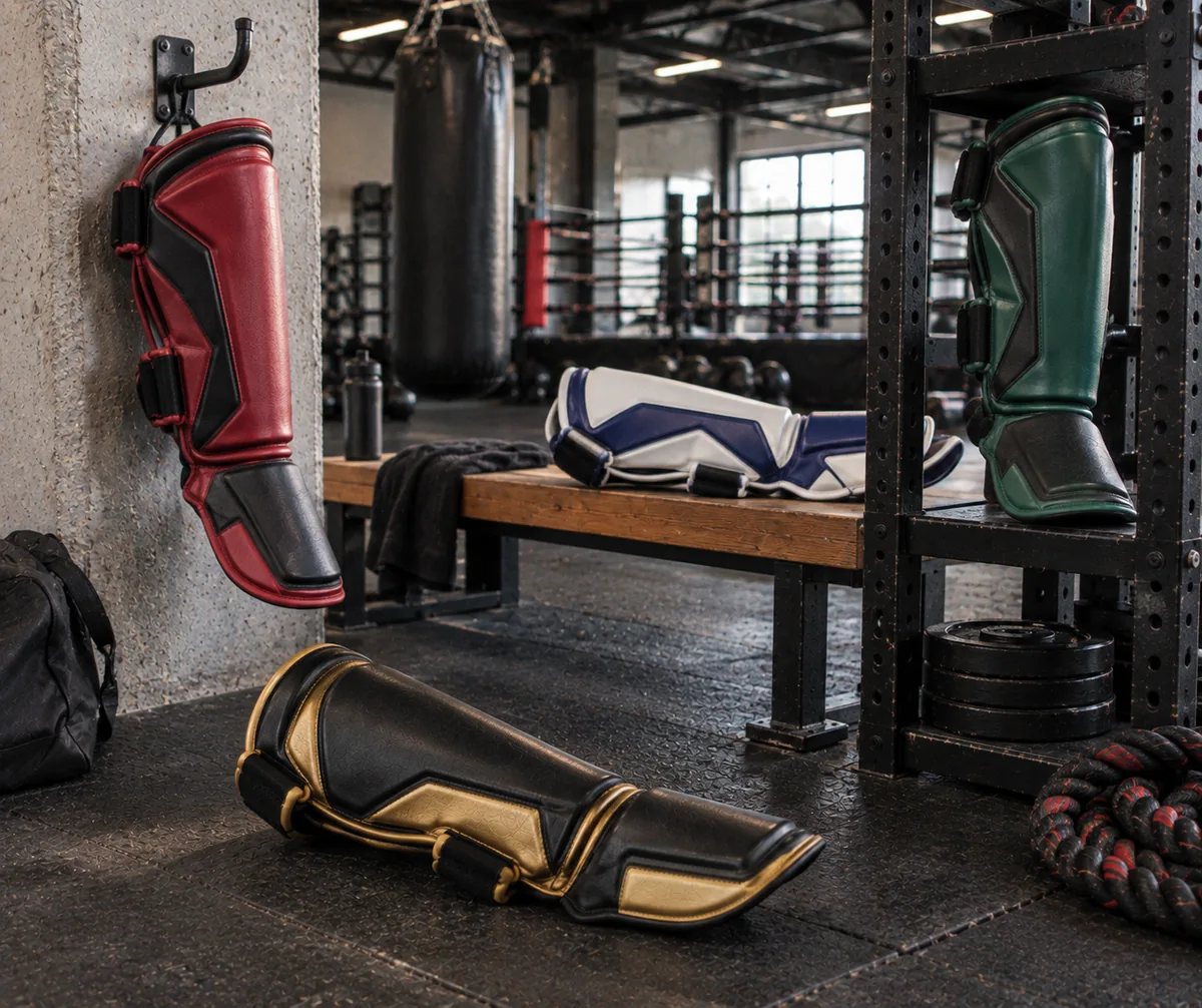 Multiple custom shin guard colorways for Muay Thai and MMA brands