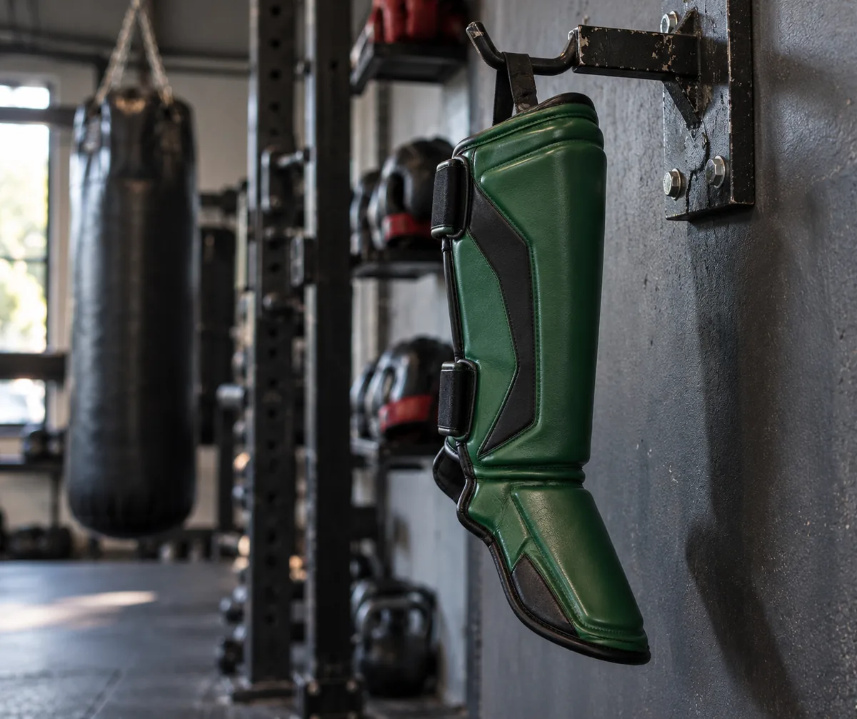 Green and black shin guard side view showing dual hook-and-loop straps