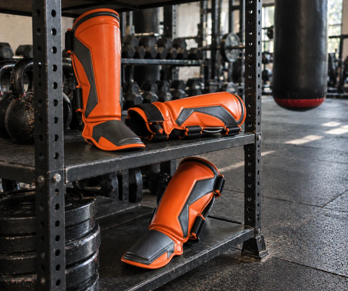 Orange and black custom shin guards displayed as a coordinated set