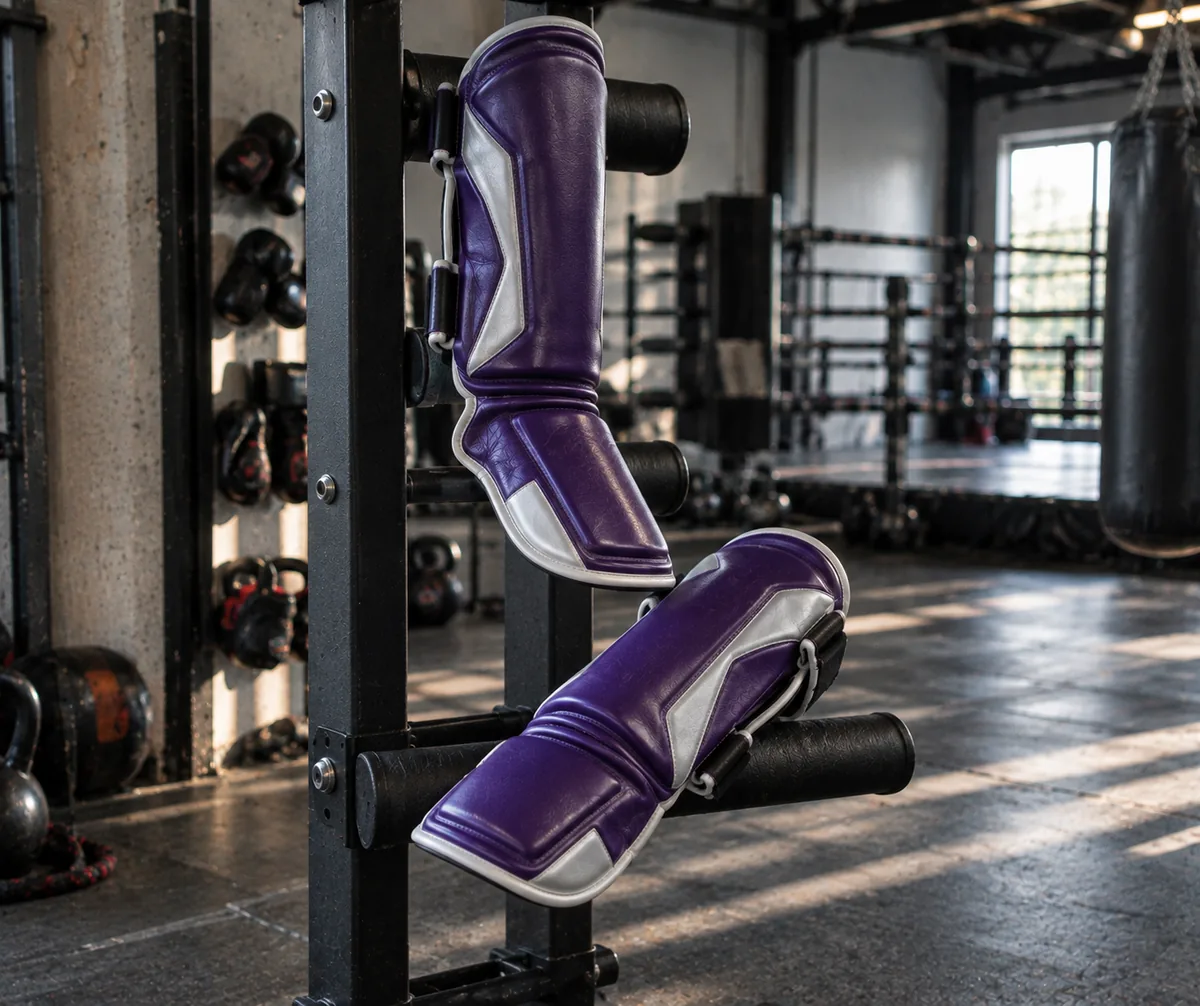 Purple and silver shin guards with full shin and foot protection