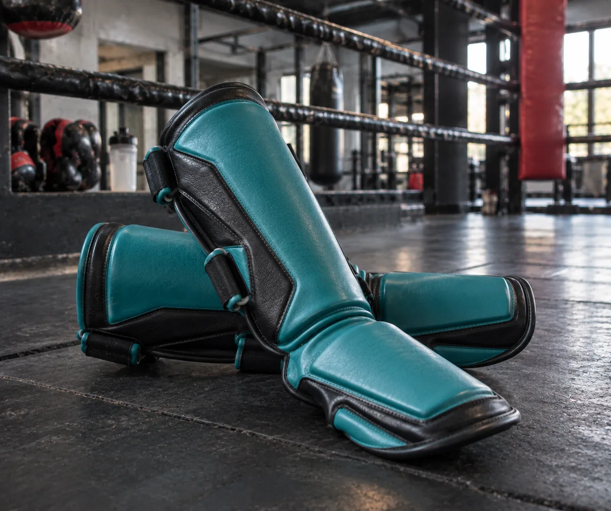 Teal and black Muay Thai shin guards with curved instep coverage