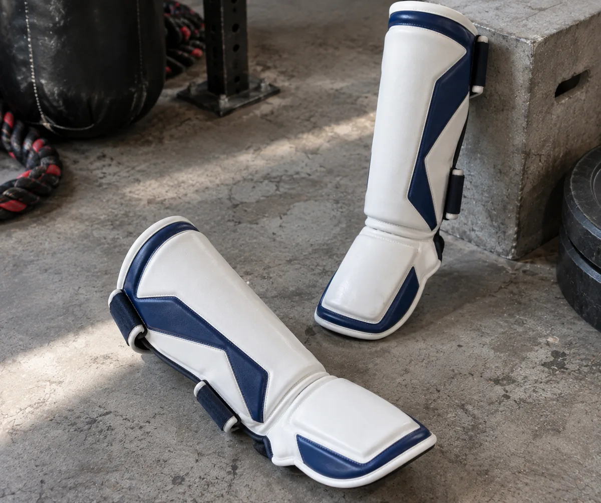 White and navy shin guards showing shin and instep protection