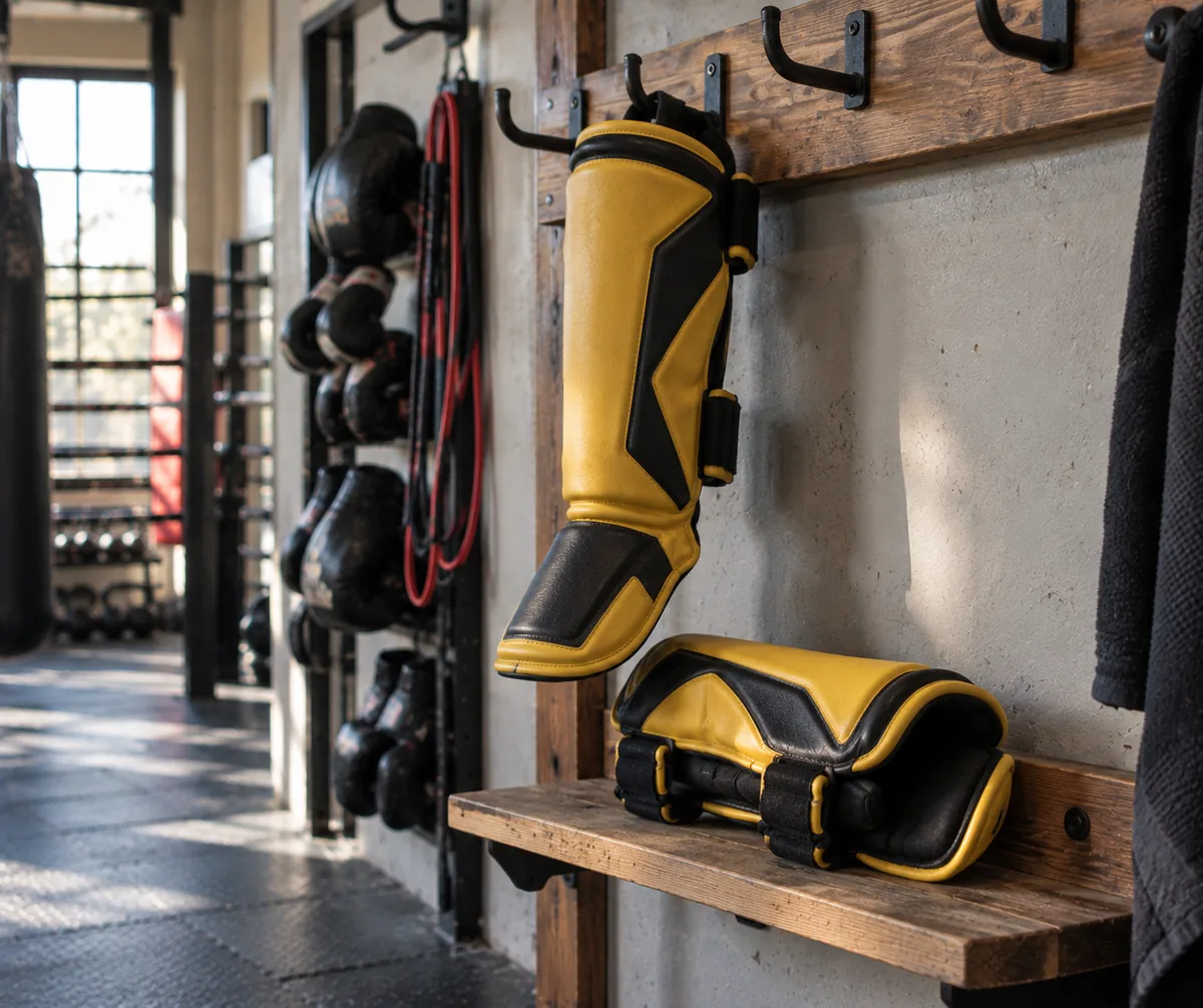 Yellow and black custom shin guards displayed in a boxing gym