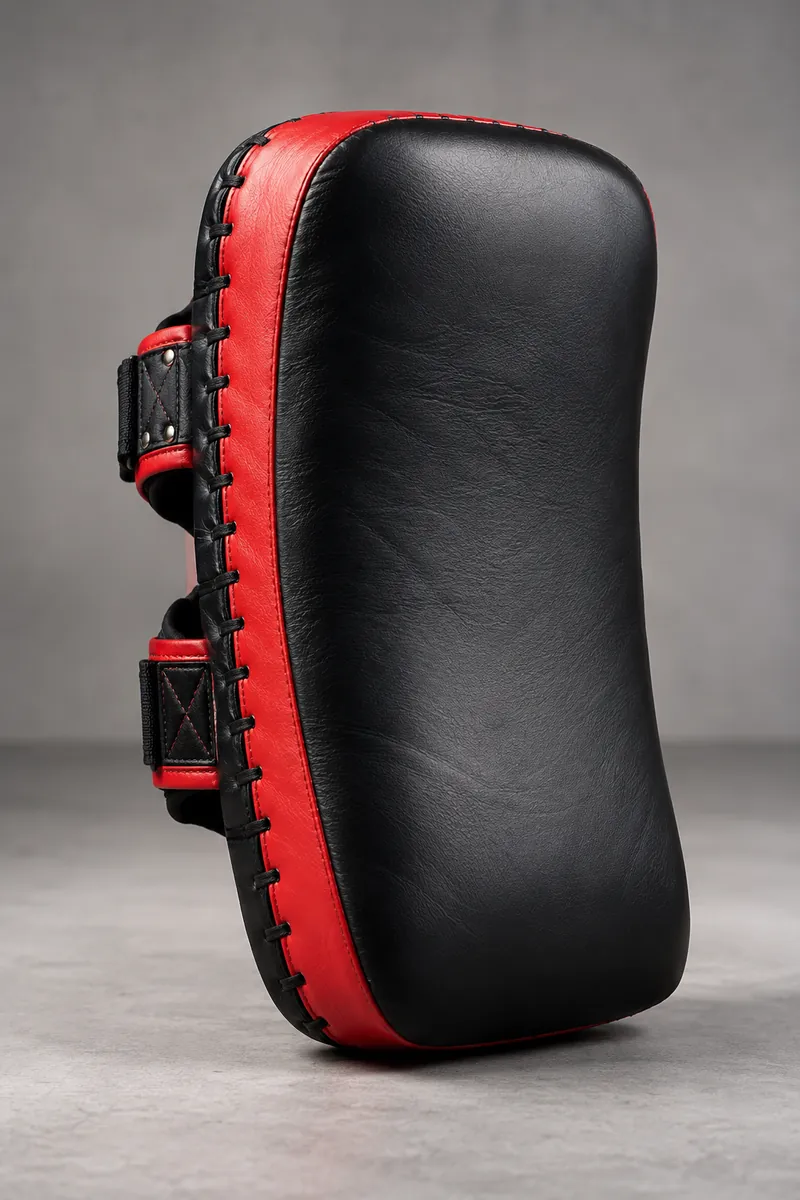 Black and red Muay Thai kick pad with reinforced edge stitching