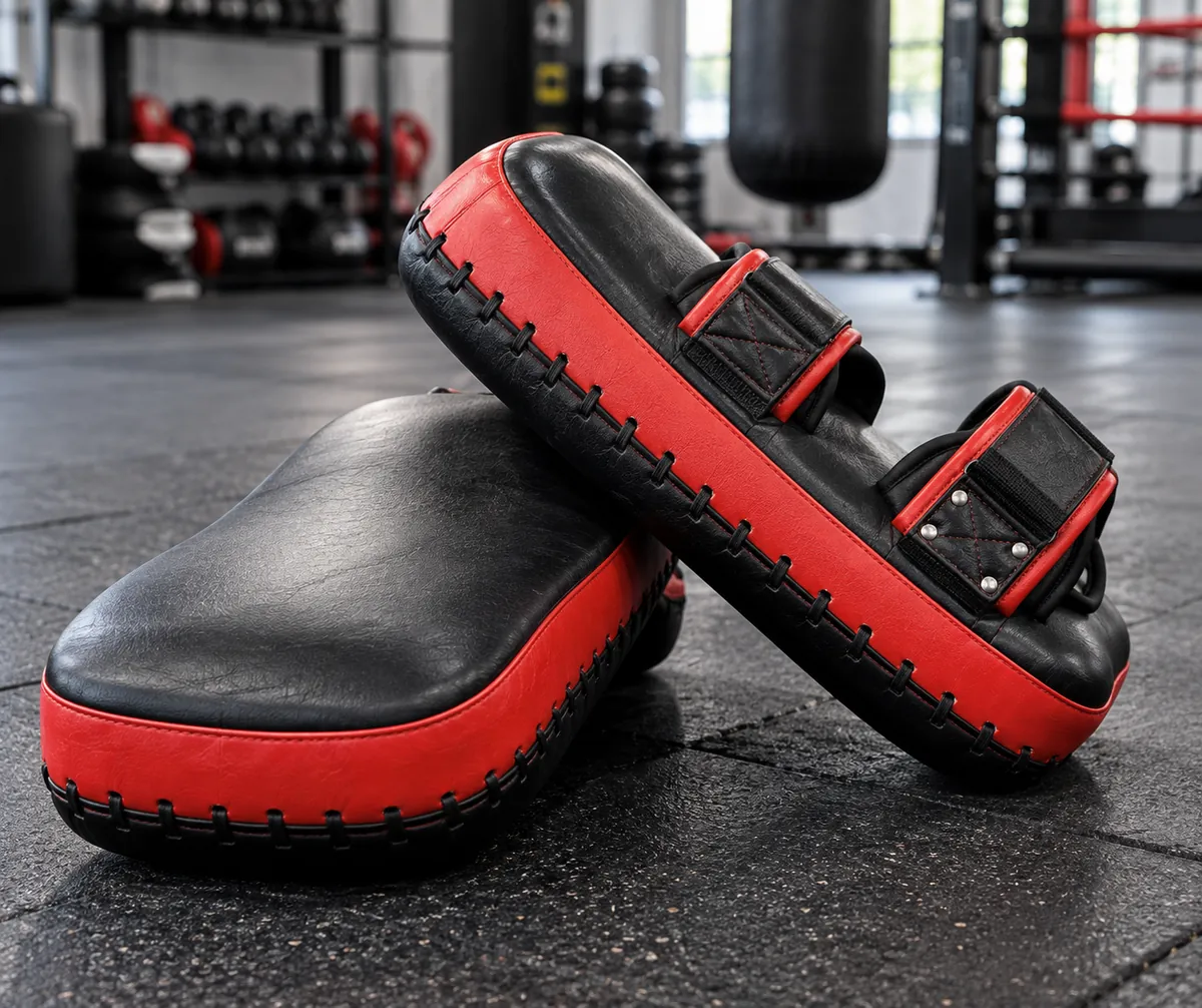 Pair of black and red Muay Thai pads with curved striking surfaces