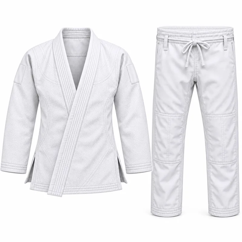 White BJJ gi jacket and trousers on a light background