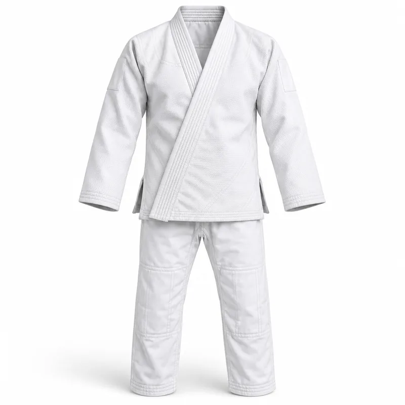 Front view of a white gi jacket and trousers