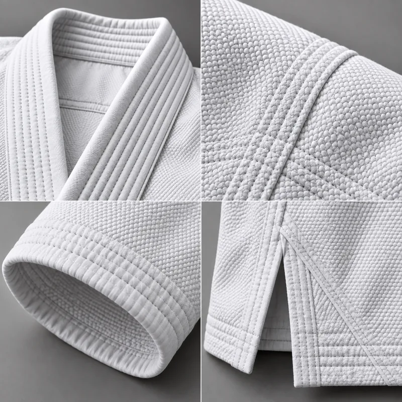 White BJJ gi weave, collar and cuff close-ups