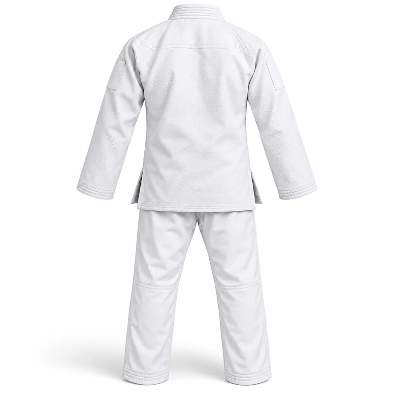 Back view of a white martial arts jacket and trousers