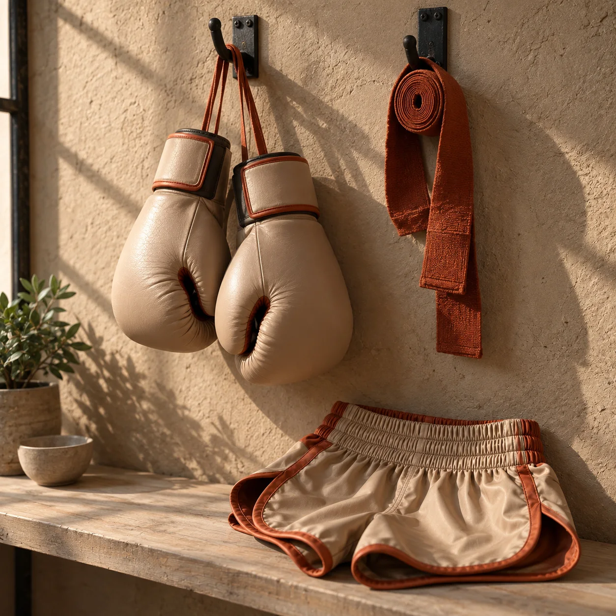 Cream women’s boxing gloves and shorts arranged for product display