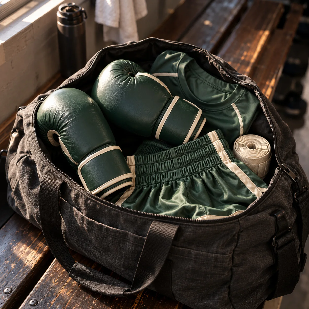 Custom women’s boxing gear packed in gym bag