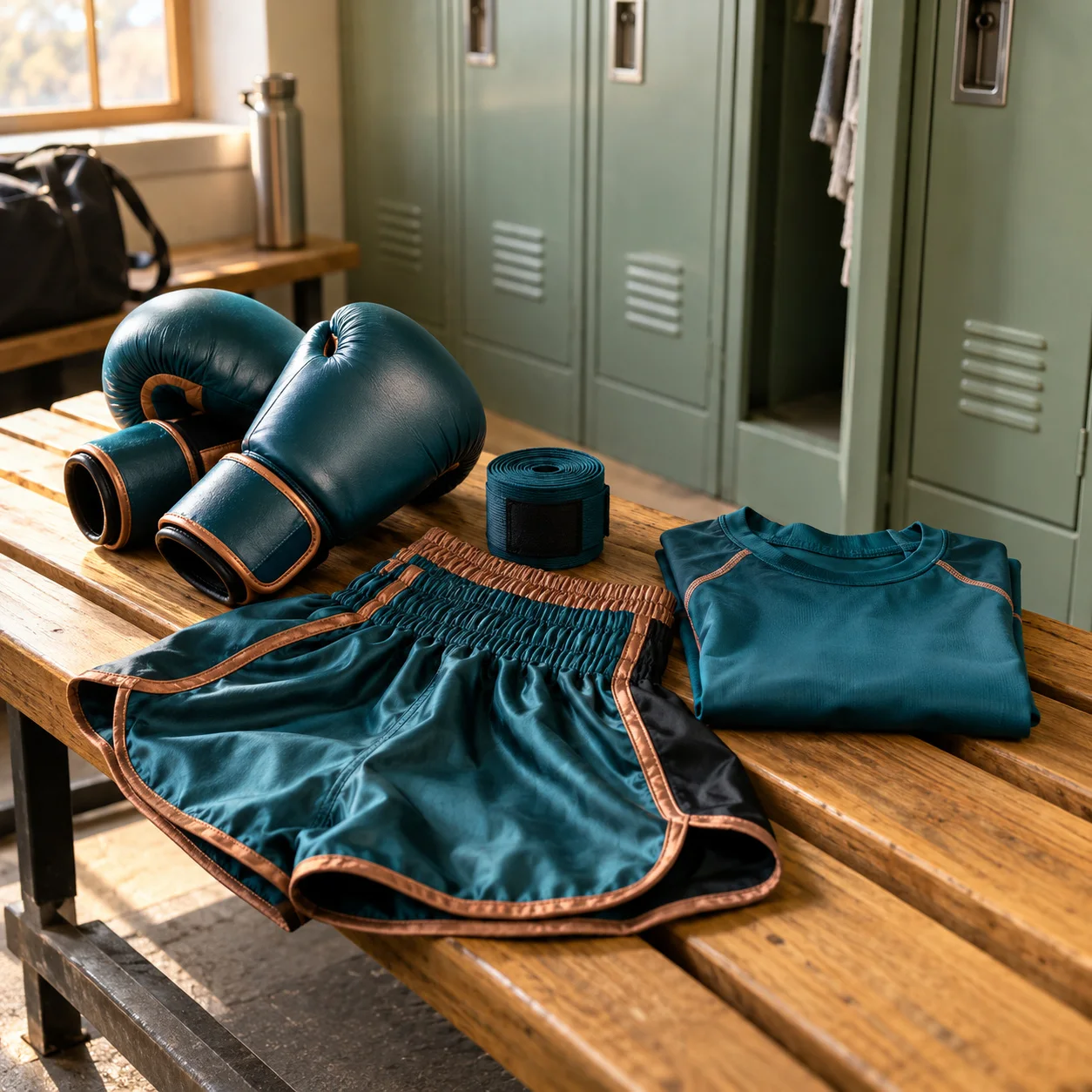 Women’s boxing gear set in teal displayed in a locker room