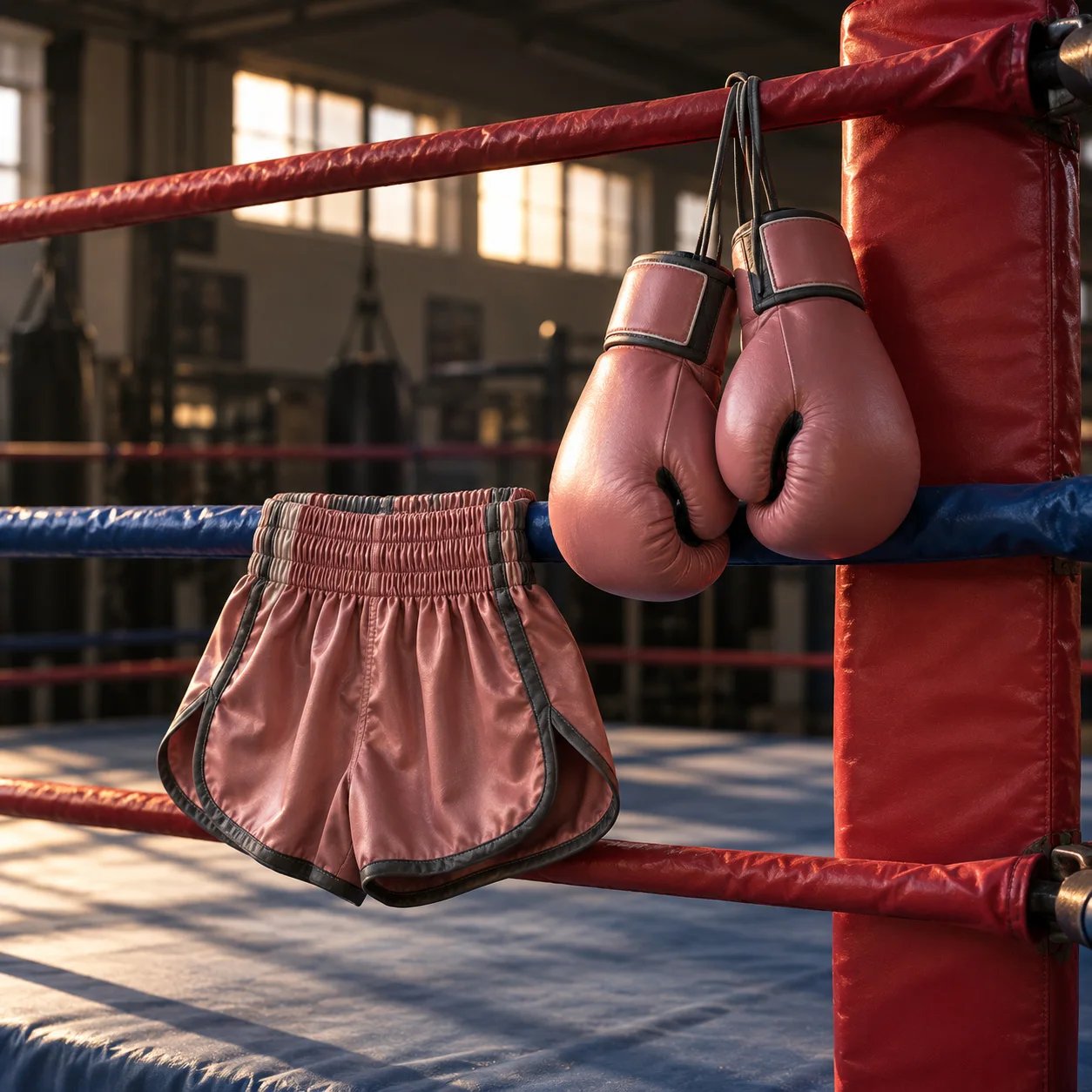 Pink women’s boxing gloves and shorts displayed on boxing ring ropes