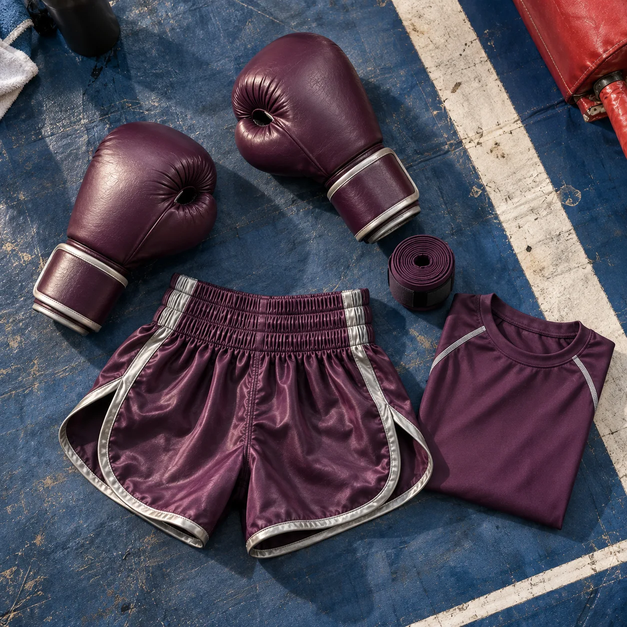 Purple women’s boxing gear flat lay with gloves, wraps and shorts