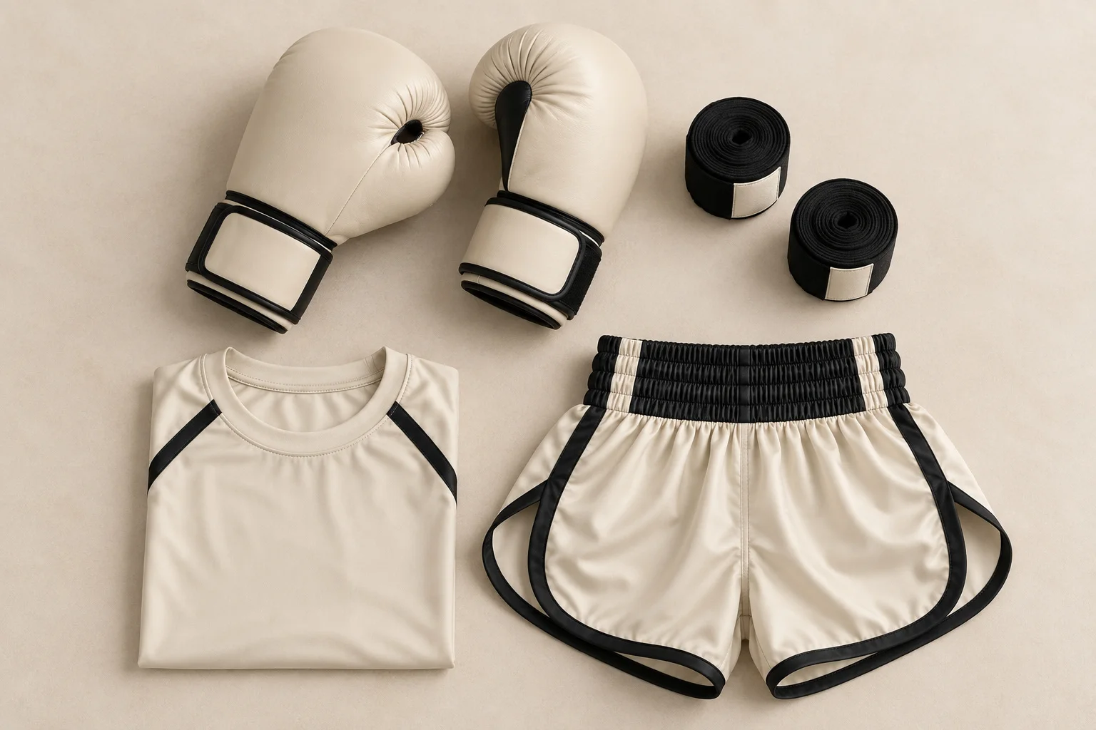 White women’s boxing set flat lay with gloves and top