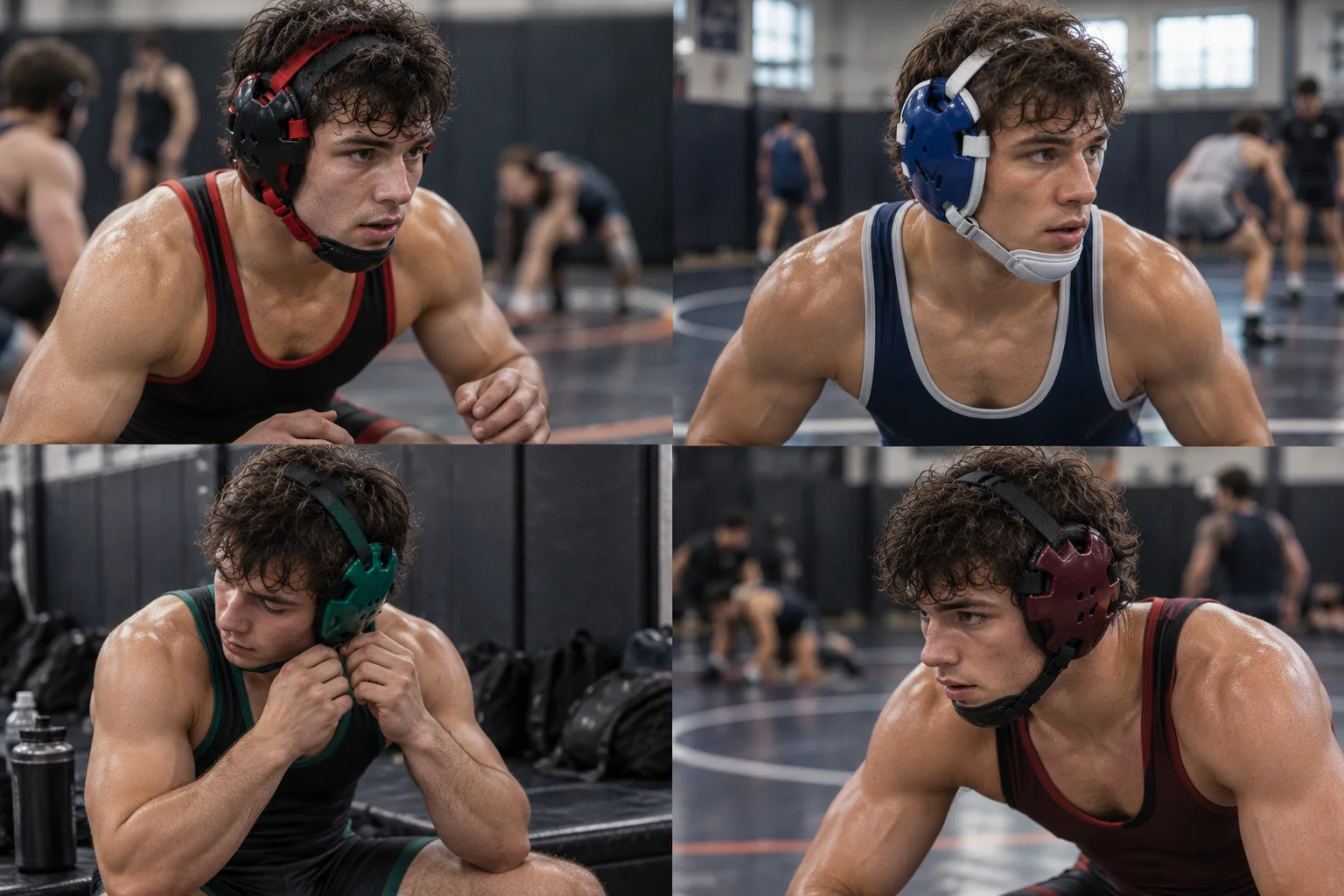 Wrestling headgear collection shown on multiple athletes