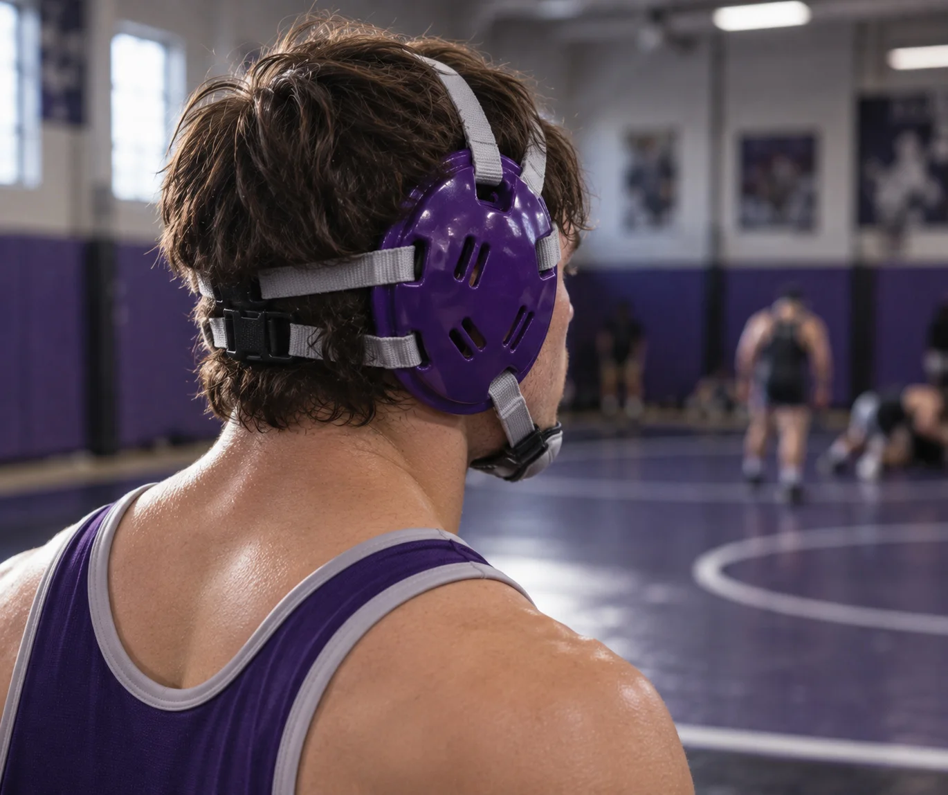 Purple wrestling headgear rear view on athlete