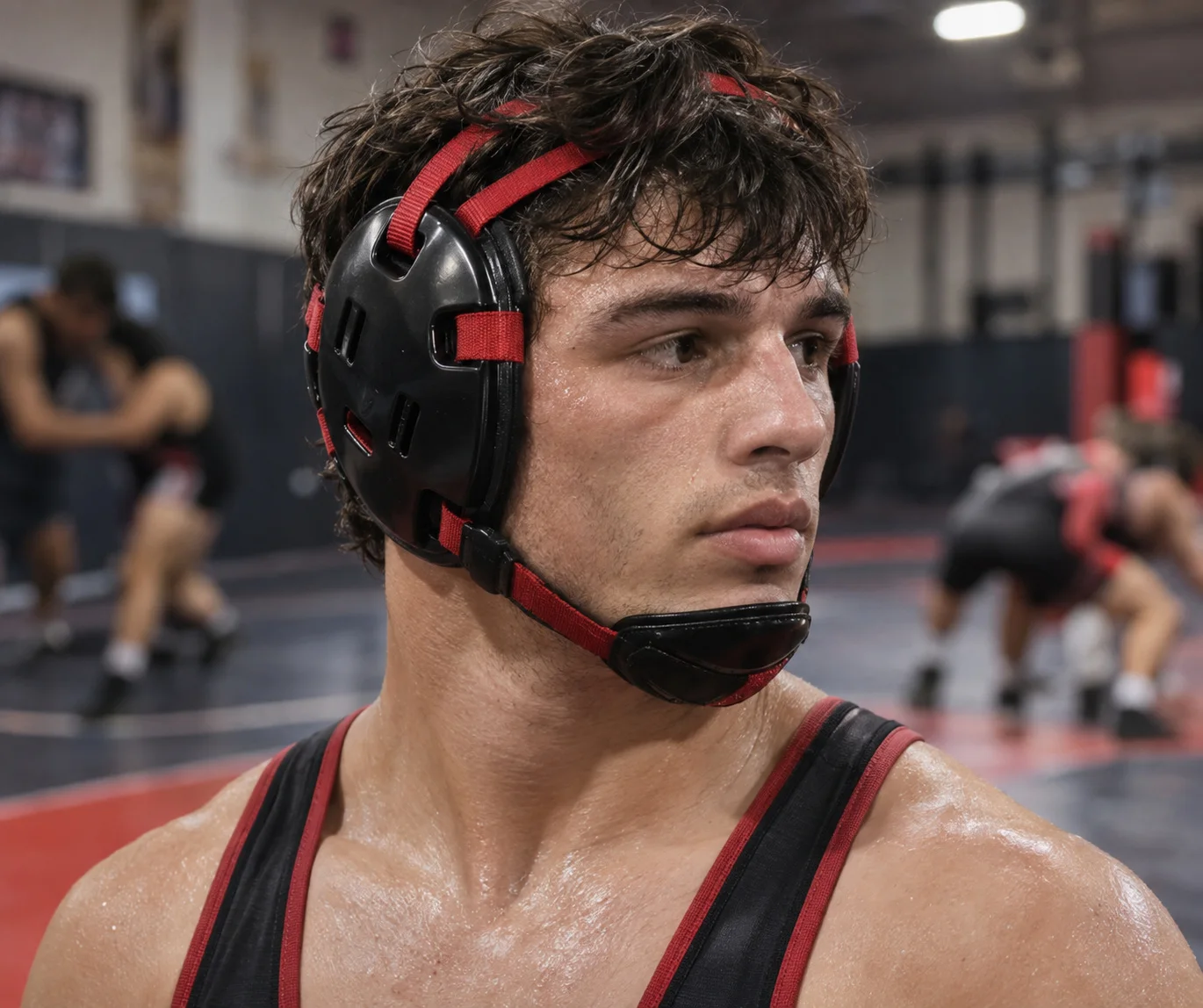 Red and black wrestling headgear worn by athlete