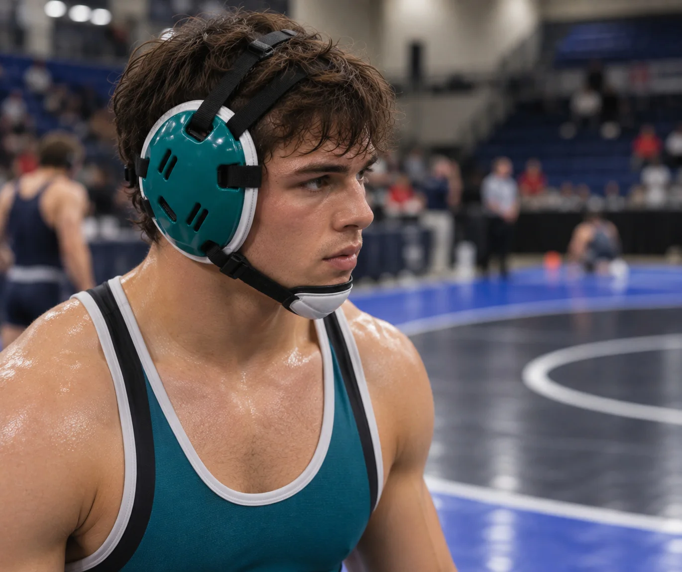 Teal wrestling headgear side view on athlete