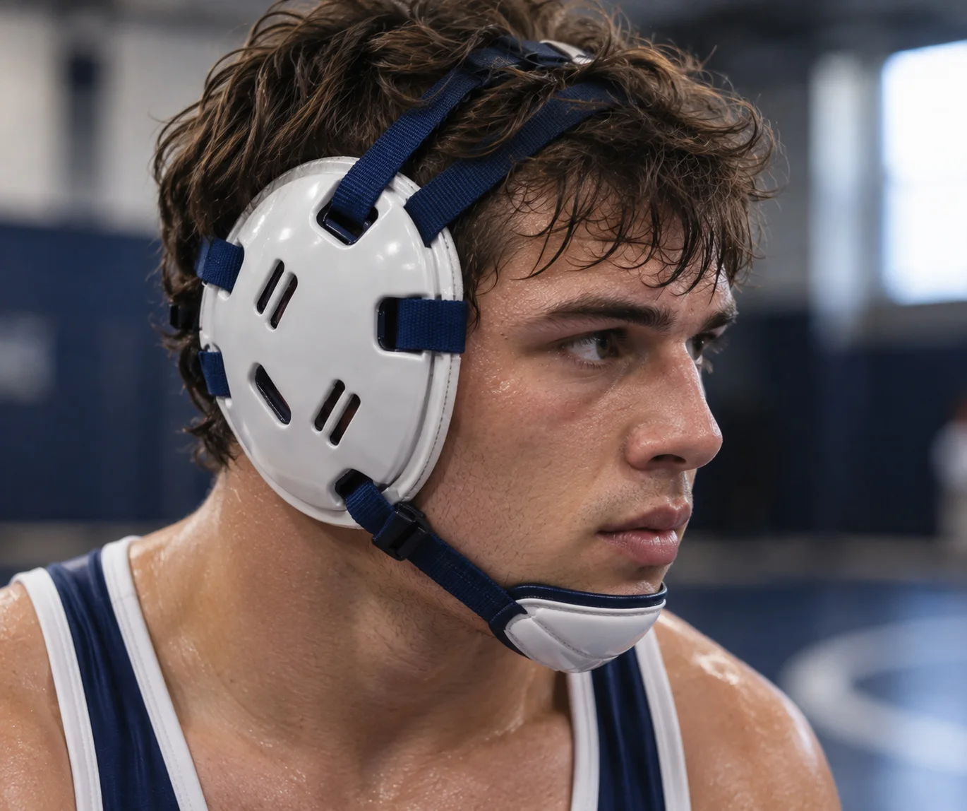 White and blue wrestling headgear close-up view