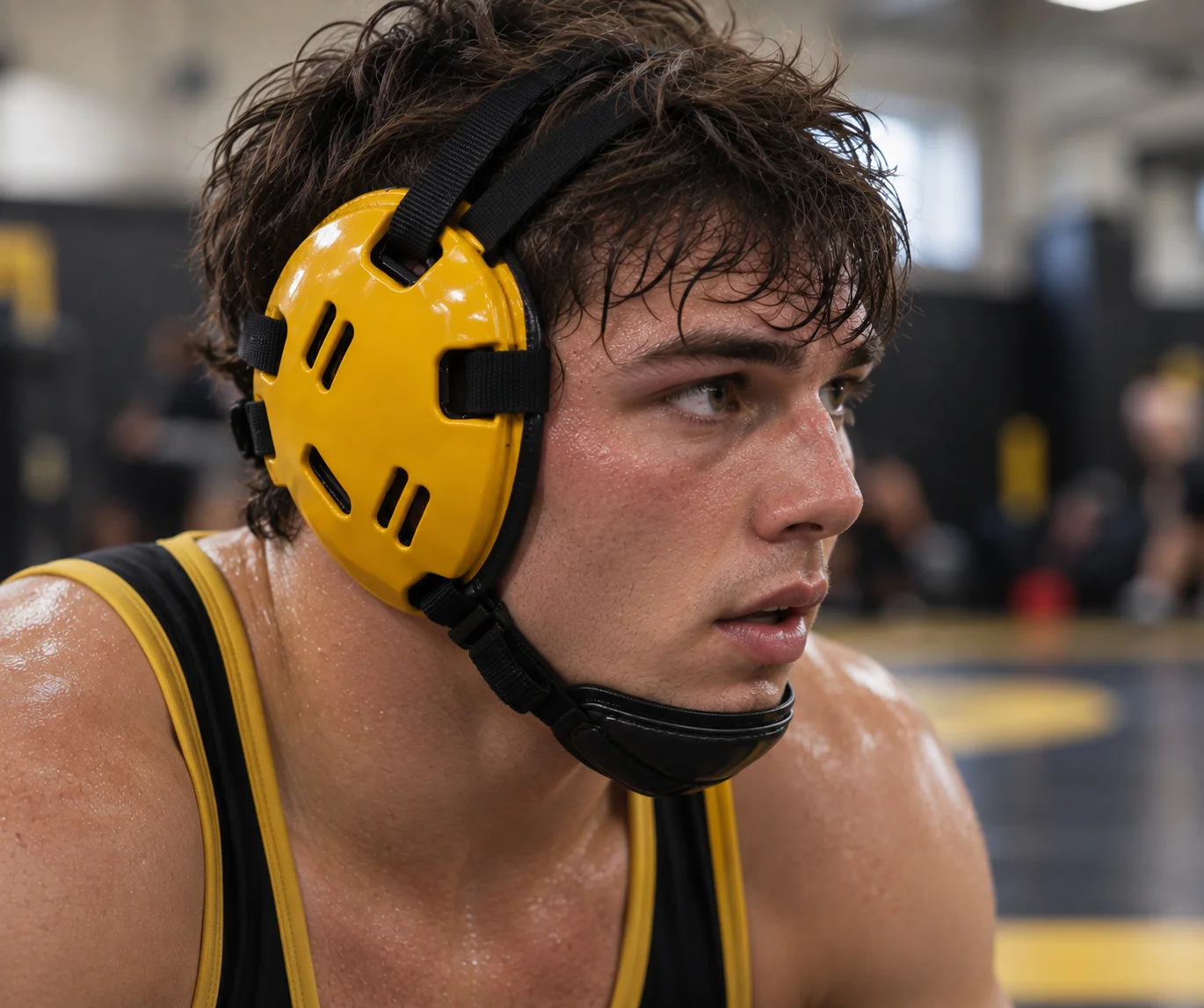 Yellow wrestling headgear close-up on athlete