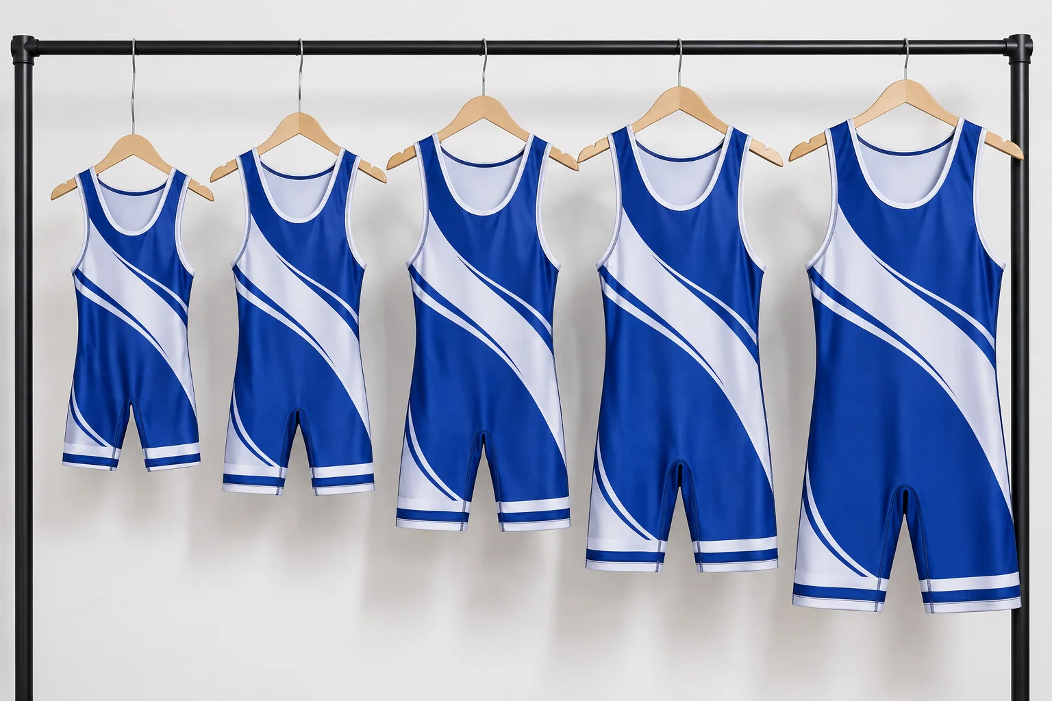 Blue and white wrestling singlets displayed on rack