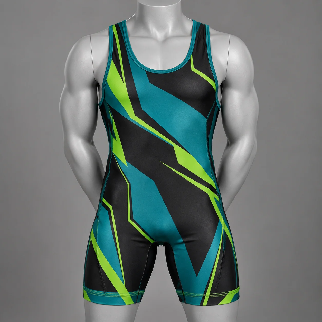 Sublimated custom wrestling singlet in green and blue design